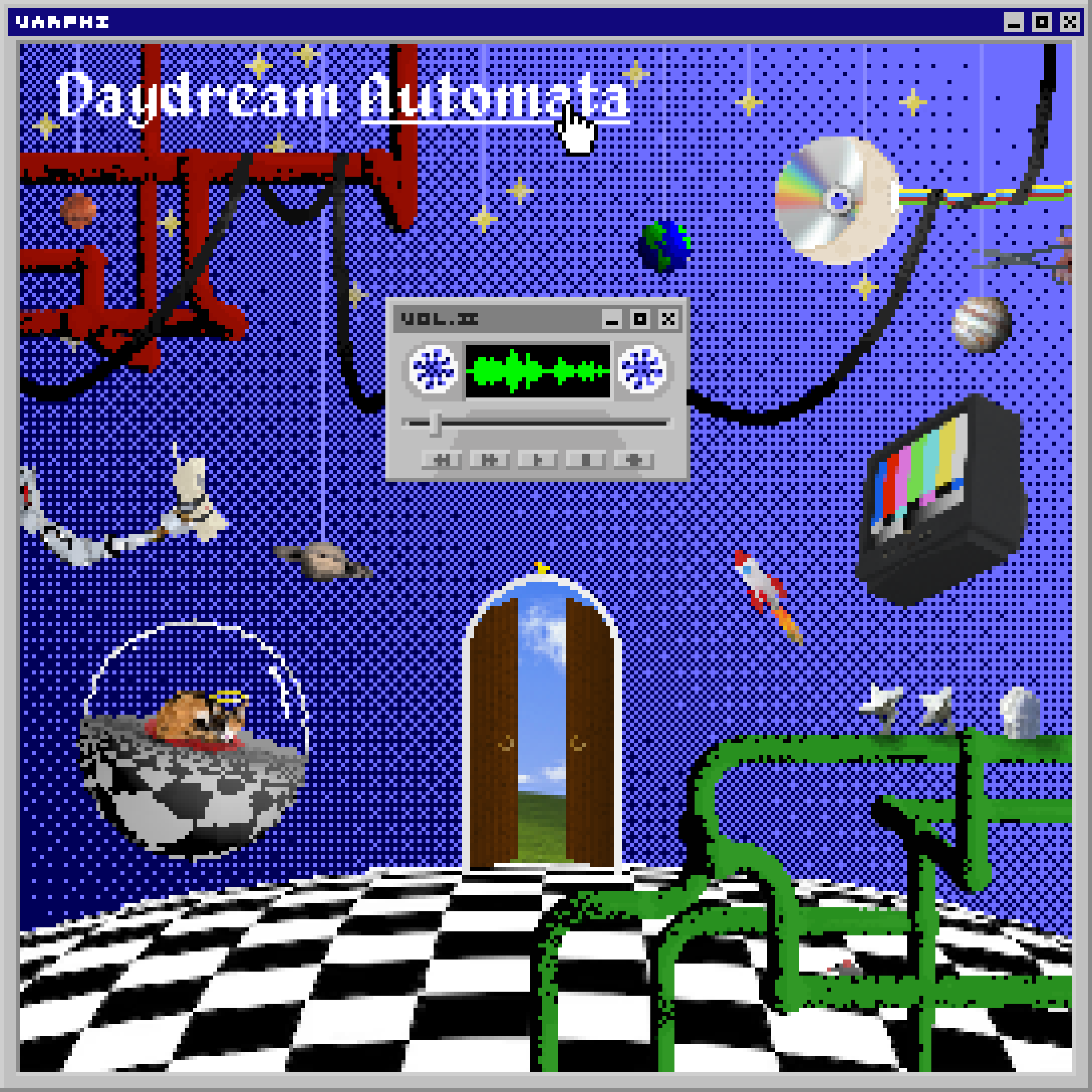 The Daydream Automata album cover. The scene depicted is a gallery of 90's technologies and references strewn across a checkerboard stage the sky is a gradient of dark to light blue, with a standalone door in the middle of the scene. The door opens inward to reveal part of the famous Bliss wallpaper from Windows XP. The corners are filled with a web of green and red pipes hailing from the Windows 95 'Pipes' wallpaper, which are adorned with a multitude of small objects including some radio  and optical telescopes, cassette tape magnetic tape, and a small mouse. Hanging from somewhere out of frame are cardboard cutout planets and stars in the order of Mars, Saturn, Earth, and Jupiter from left to right. In the top left the words 'Daydream Automata' can be seen with a computer cursor hovering over it. In the center, a cassette tape has a grouping of media playback controls and a spectrum visualizer. There is a cat sleeping in a reflective half-glass chrome orb floating over the ground.