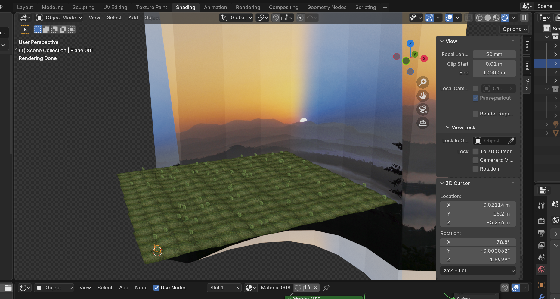An isometric screenshot of Blender software showing a the split skybox looming over a field of 2D Willow trees all facing one direction.