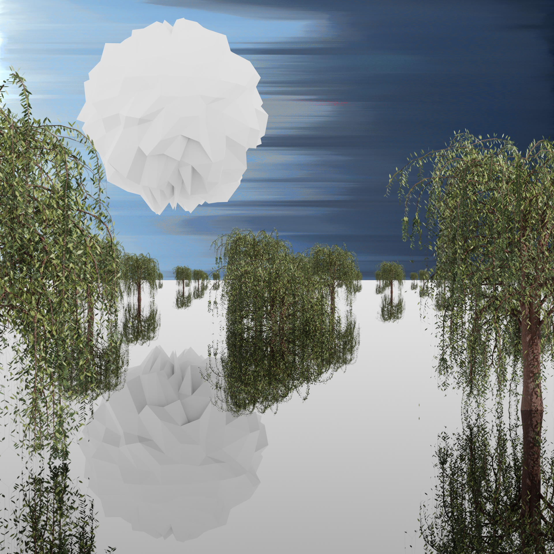 An abstract mess of Willow trees and shapes on a blue background.