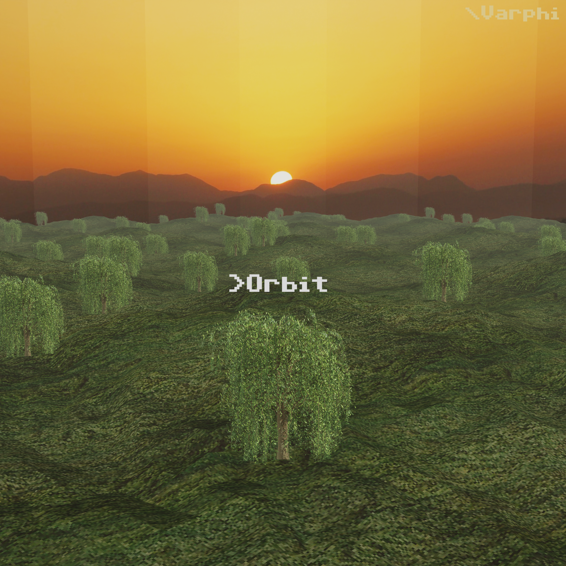 The same landscape as the screenshot prior, now from the angle of a camera on the ground. All trees are facing the viewer.