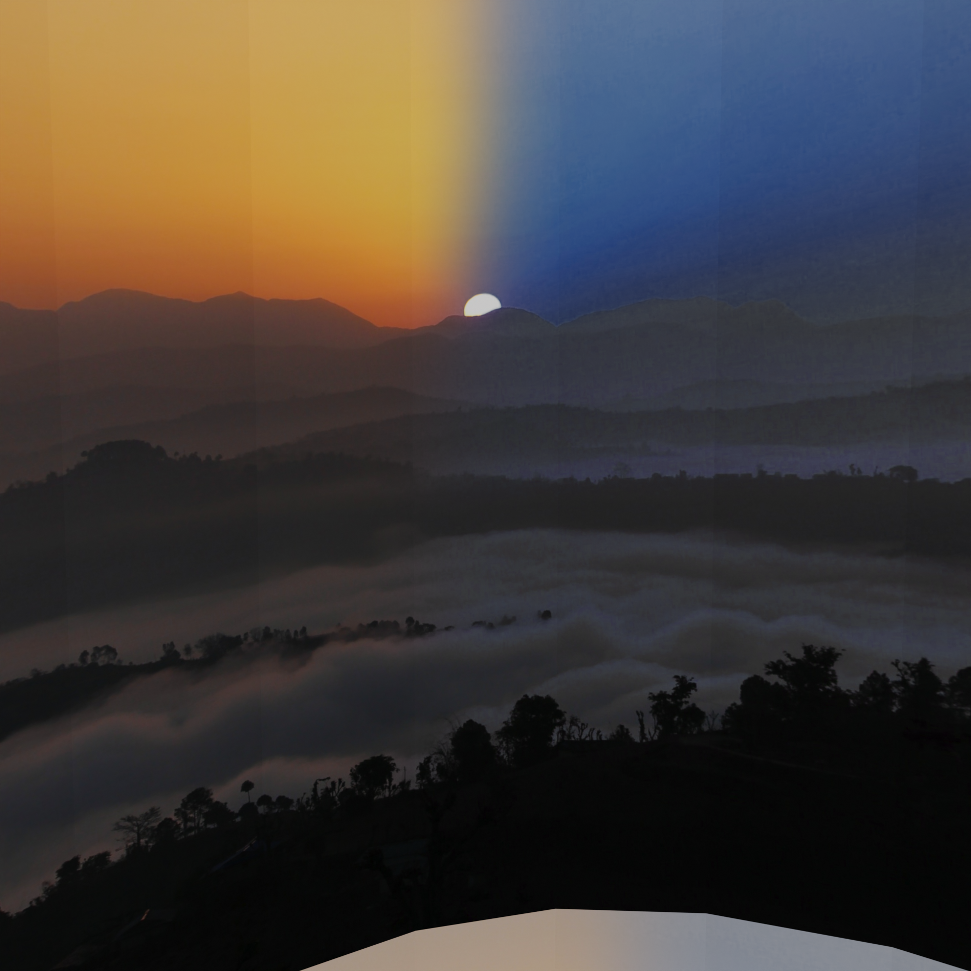 An image of a sunset, one half of the sky is the blue of night. The image is 3D, projected on the inside face of a cylinder.